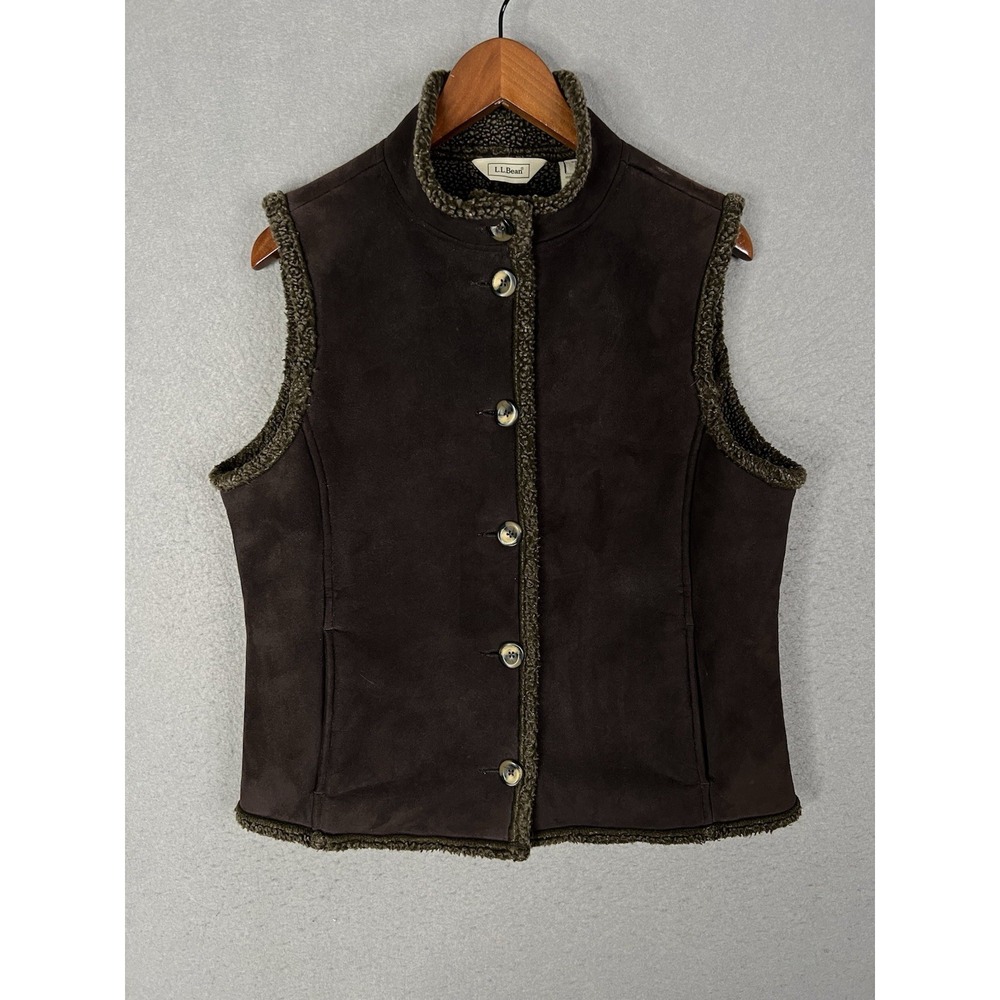 LL BEAN Womens Brown Faux Suede Sherpa Lined Vest Size Medium M‎ O BCU3 EUC